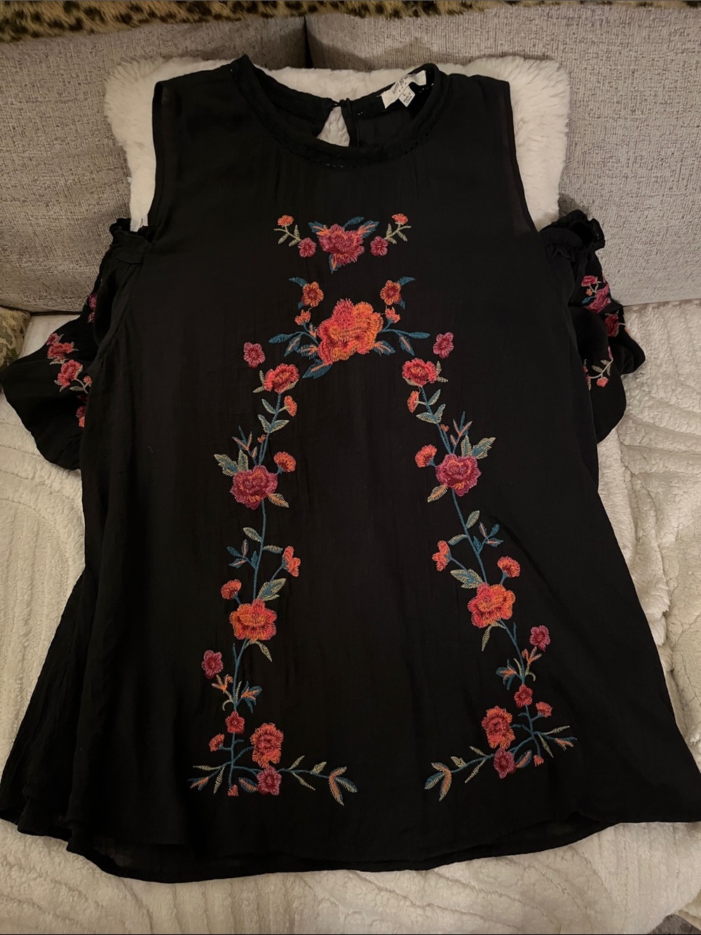 Umgee Black Cold-Shoulder Blouse with Vibrant Floral Embroidery